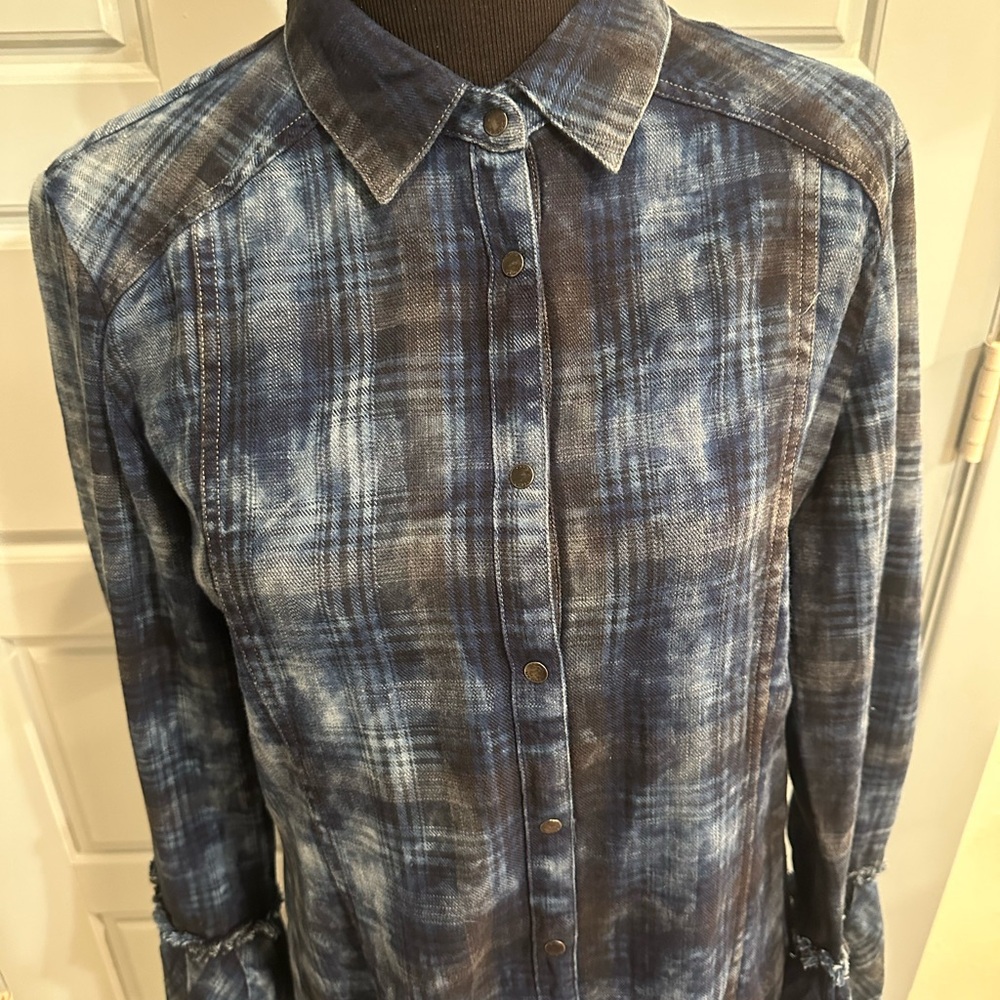 Rodeo Ready! Ryan Michael Women's Indigo Plaid Tiered Sleeve Dress in Size XL. - Picture 9 of 12
